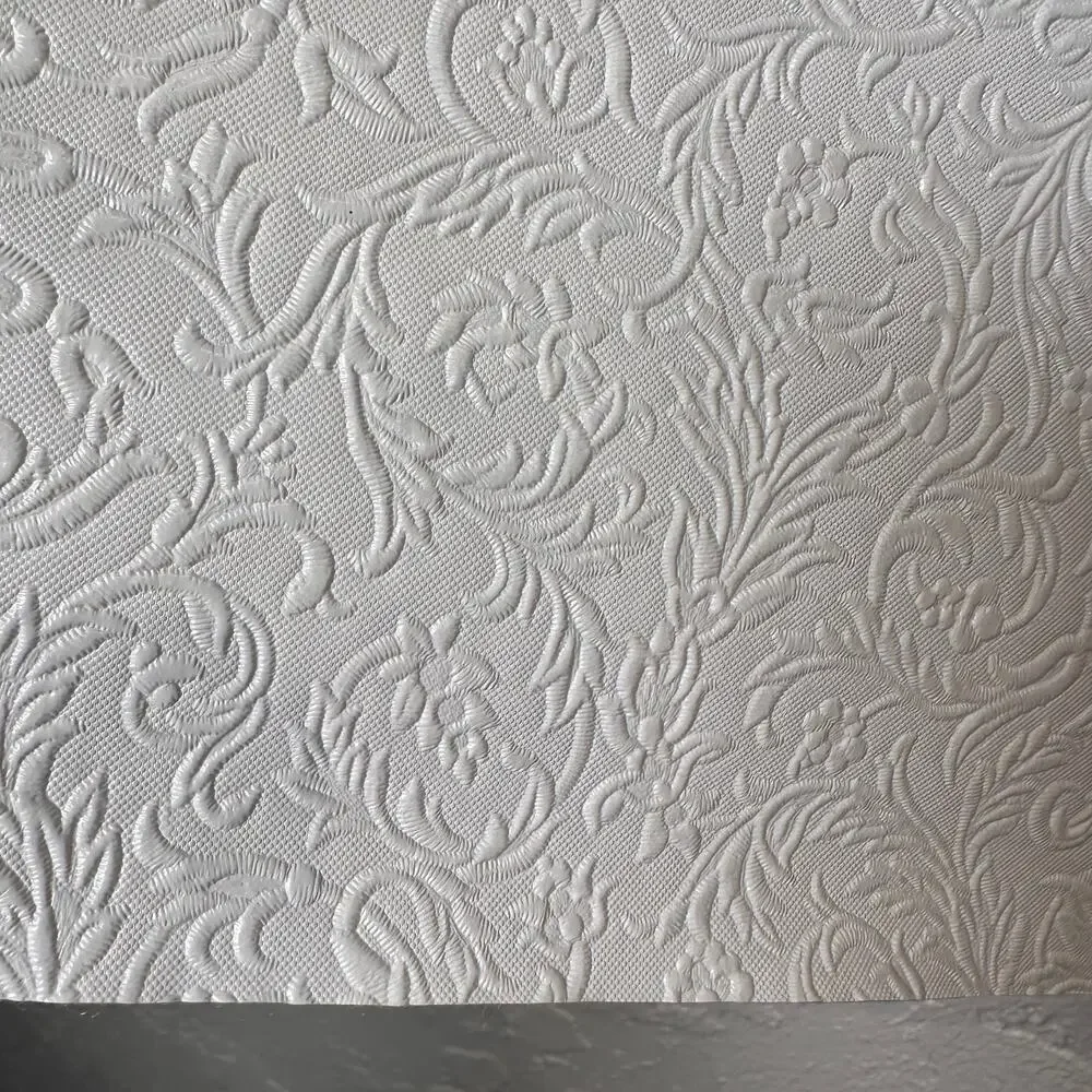 Felt Backed Heavy Vinyl Tablecloth Topper 44x52 White Raised Floral Damask